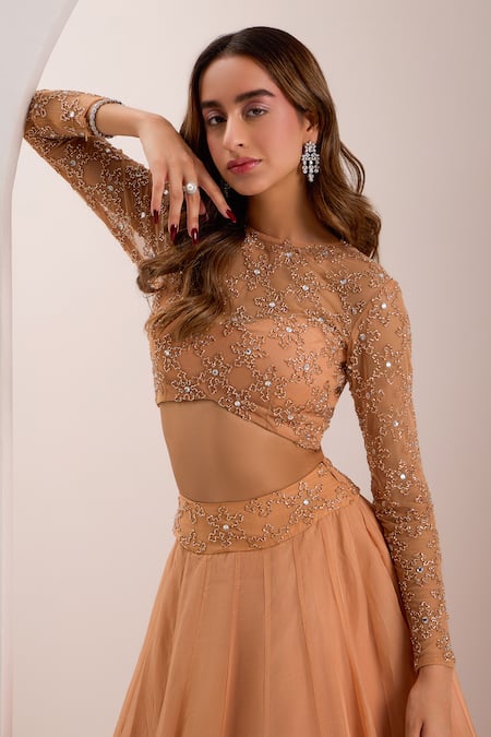 Shop_Silky Bindra_Rose Gold Eira Bead Embellished Waist Lehenga Set _Online_at_Aza_Fashions