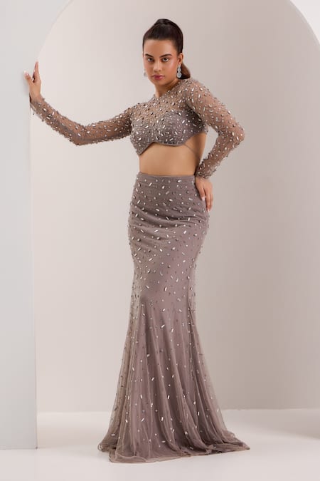 Buy_Silky Bindra_Grey Lycra, Net Beads, Elinor Embellished Bodycon Trail Lehenga With Blouse _Online_at_Aza_Fashions