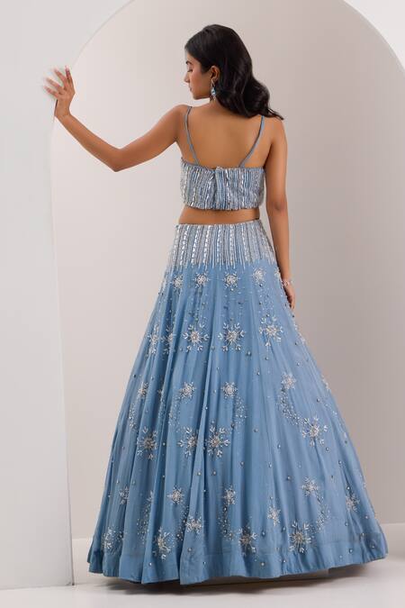 Shop Silky Bindra Blue Organza, Net Crystals, Sequins, Elsa Snowflake Embellished Lehenga Set Online at Aza Fashions Shop_Silky Bindra_Blue Organza, Net Crystals, Sequins, Elsa Snowflake Embellished Lehenga Set _Online_at_Aza_Fashions