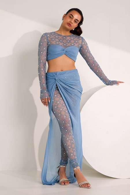 Shop Silky Bindra Blue Georgette, Net Elvi Snowflake Embellished Attached Skirt Leggings With Top Online at Aza Fashions Shop_Silky Bindra_Blue Georgette, Net Elvi Snowflake Embellished Attached Skirt Leggings With Top _Online_at_Aza_Fashions