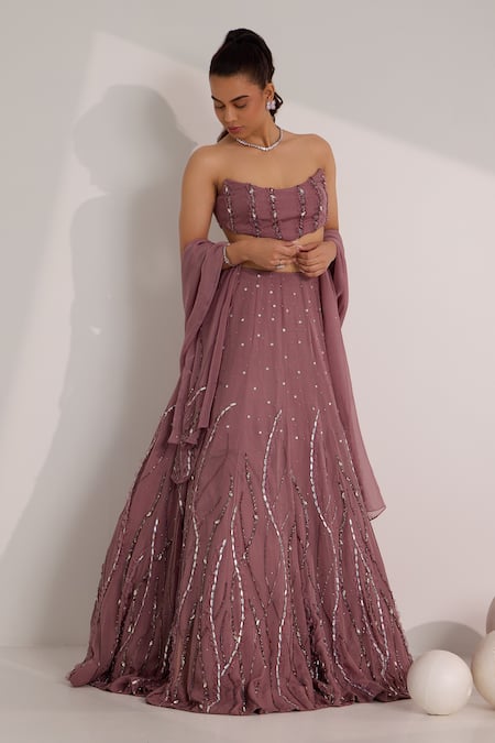 Buy Silky Bindra Purple Organza, Satin Crystals, Beads Asymmetric Wave Embellished Lehenga Set Online at Aza Fashions Buy_Silky Bindra_Purple Organza, Satin Crystals, Beads Asymmetric Wave Embellished Lehenga Set _Online_at_Aza_Fashions