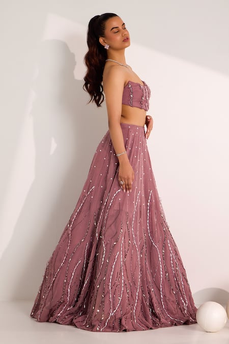 Shop Silky Bindra Purple Organza, Satin Crystals, Beads Asymmetric Wave Embellished Lehenga Set Online at Aza Fashions Shop_Silky Bindra_Purple Organza, Satin Crystals, Beads Asymmetric Wave Embellished Lehenga Set _Online_at_Aza_Fashions