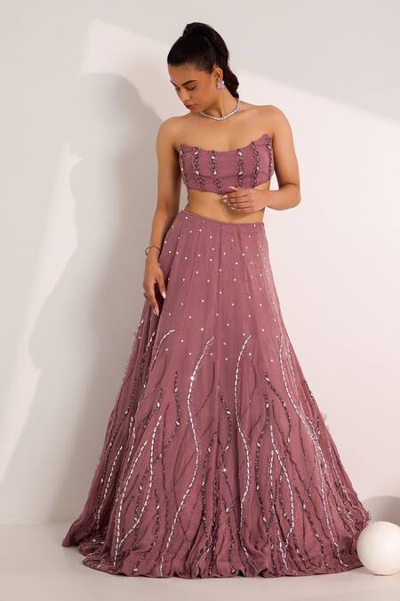 Buy Silky Bindra Purple Organza, Satin Crystals, Beads Asymmetric Wave Embellished Lehenga Set Buy_Silky Bindra_Purple Organza, Satin Crystals, Beads Asymmetric Wave Embellished Lehenga Set