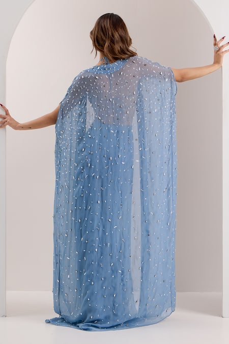 Silky Bindra_Blue Organza, Chiffon Beads, Crystals Ivelle Embellished Cape Palazzo Set _Online_at_Aza_Fashions