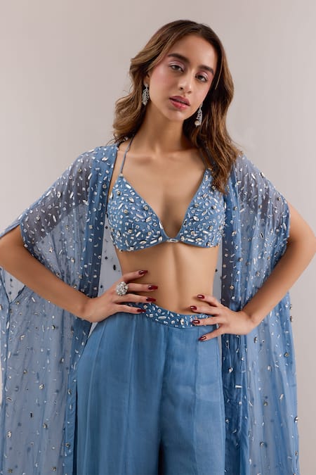 Buy_Silky Bindra_Blue Organza, Chiffon Beads, Crystals Ivelle Embellished Cape Palazzo Set _Online_at_Aza_Fashions