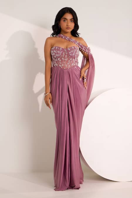 Buy_Silky Bindra_Purple Organza, Satin, Lycra Ivelle Embellished Bodice Saree Gown With Drape _Online_at_Aza_Fashions