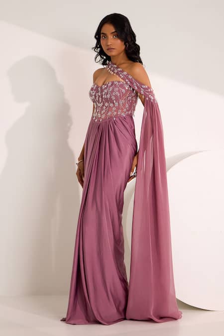 Shop_Silky Bindra_Purple Organza, Satin, Lycra Ivelle Embellished Bodice Saree Gown With Drape _Online_at_Aza_Fashions