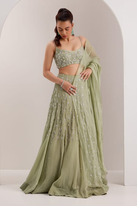 Silky Bindra Green Organza Embellished Crystal Scoop Kaena Lehenga Set 