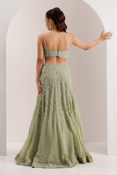 Silky Bindra Green Organza, Satin Crystals, Beads Scoop Neck Kaena Embellished Lehenga Set Online at Aza Fashions Silky Bindra_Green Organza, Satin Crystals, Beads Scoop Neck Kaena Embellished Lehenga Set _Online_at_Aza_Fashions