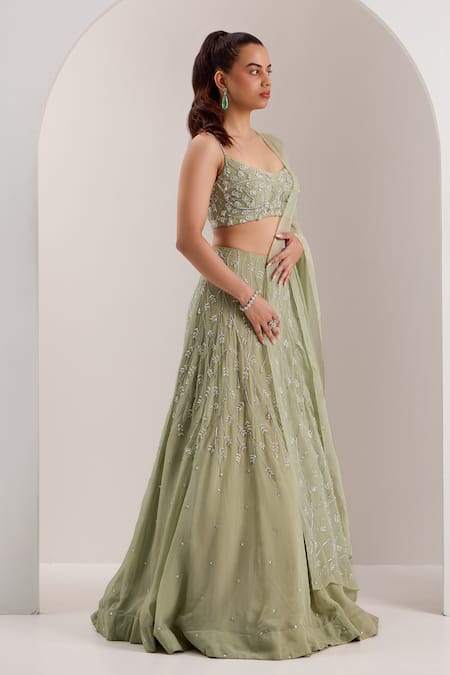 Buy Silky Bindra Green Organza, Satin Crystals, Beads Scoop Neck Kaena Embellished Lehenga Set Online at Aza Fashions Buy_Silky Bindra_Green Organza, Satin Crystals, Beads Scoop Neck Kaena Embellished Lehenga Set _Online_at_Aza_Fashions