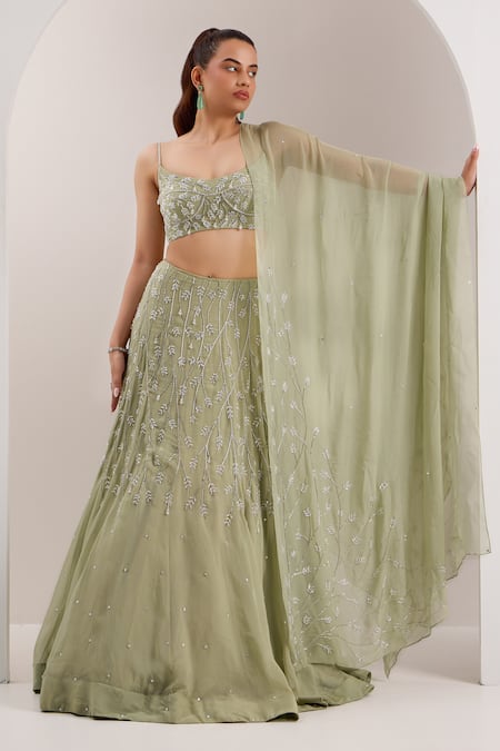 Shop Silky Bindra Green Organza, Satin Crystals, Beads Scoop Neck Kaena Embellished Lehenga Set Online at Aza Fashions Shop_Silky Bindra_Green Organza, Satin Crystals, Beads Scoop Neck Kaena Embellished Lehenga Set _Online_at_Aza_Fashions