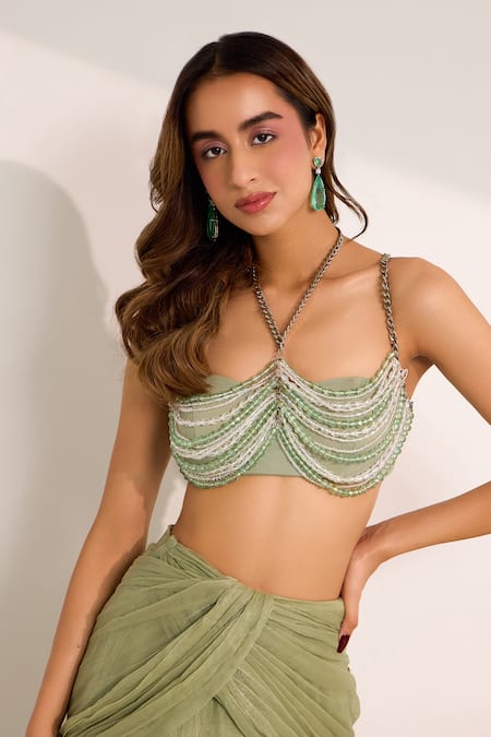 Shop Silky Bindra Green Lycra, Chiffon Beads, Kiara Shimmer Lehenga Set With Embellished Bralette Online at Aza Fashions Shop_Silky Bindra_Green Lycra, Chiffon Beads, Kiara Shimmer Lehenga Set With Embellished Bralette _Online_at_Aza_Fashions