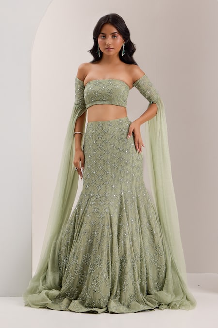 SILKY BINDRA Green Organza Embellished Crystal Lenore Snowflake Mermaid Lehenga Set 