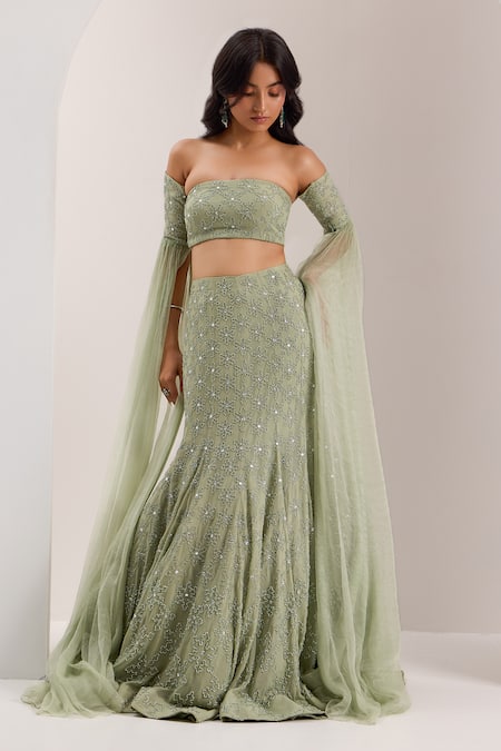 Buy Silky Bindra Green Organza, Chiffon Lenore Snowflake Embellished Mermaid Lehenga Set Online at Aza Fashions Buy_Silky Bindra_Green Organza, Chiffon Lenore Snowflake Embellished Mermaid Lehenga Set _Online_at_Aza_Fashions