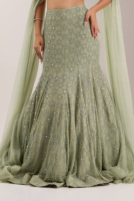 Shop Silky Bindra Green Organza, Chiffon Lenore Snowflake Embellished Mermaid Lehenga Set Online at Aza Fashions Shop_Silky Bindra_Green Organza, Chiffon Lenore Snowflake Embellished Mermaid Lehenga Set _Online_at_Aza_Fashions