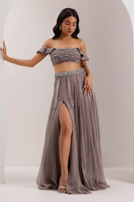 Silky Bindra Lumi Shimmer Slit Lehenga With Off Shoulder Blouse 