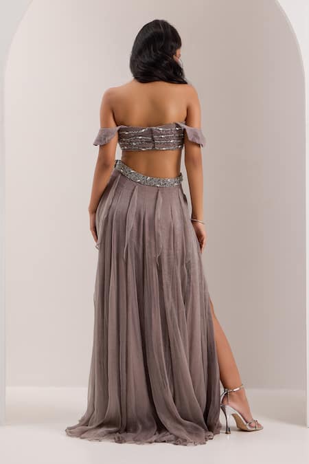 Silky Bindra Lumi Shimmer Slit Lehenga With Off Shoulder Blouse 