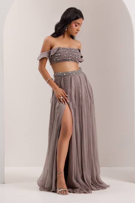 Shop Silky Bindra Purple Silk, Chiffon Beads, Crystals Lumi Shimmer Slit Lehenga With Off Blouse Online at Aza Fashions Shop_Silky Bindra_Purple Silk, Chiffon Beads, Crystals Lumi Shimmer Slit Lehenga With Off Blouse _Online_at_Aza_Fashions