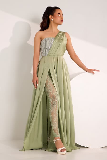 SILKY BINDRA Green Satin Georgette Embroidered Mirela Embellished Slit Gown With Leggings 