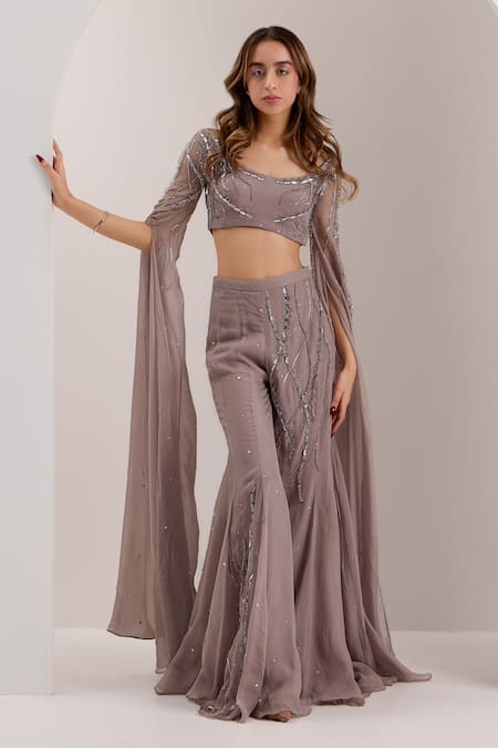 SILKY BINDRA Grey Organza Embroidered Crystal Boat Neve Embellished Blouse With Flared Pant 