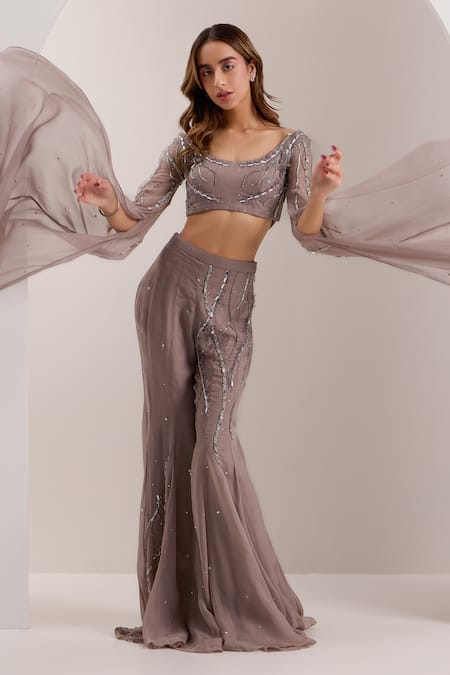 Shop Silky Bindra Grey Organza Beads, Sequins Neve Crystal Embellished Blouse With Flared Pant Online at Aza Fashions Shop_Silky Bindra_Grey Organza Beads, Sequins Neve Crystal Embellished Blouse With Flared Pant _Online_at_Aza_Fashions