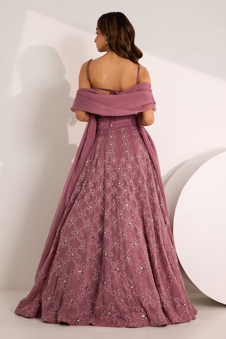 Silky Bindra Purple Satin, Georgette, Organza Riona Snowflake Embellished Lehenga Set Online at Aza Fashions Silky Bindra_Purple Satin, Georgette, Organza Riona Snowflake Embellished Lehenga Set _Online_at_Aza_Fashions