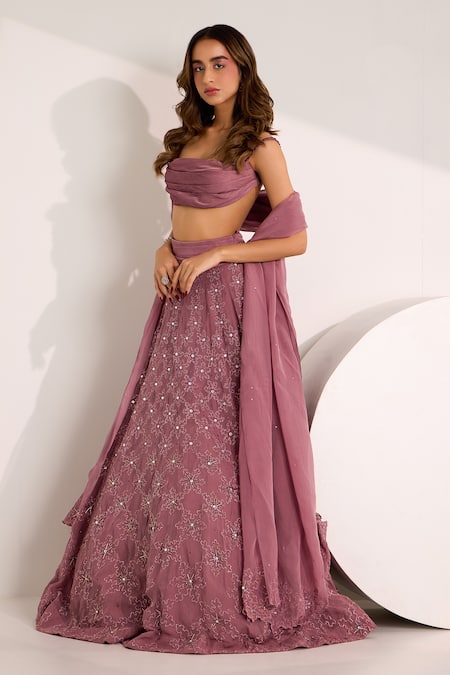 Shop Silky Bindra Purple Satin, Georgette, Organza Riona Snowflake Embellished Lehenga Set Online at Aza Fashions Shop_Silky Bindra_Purple Satin, Georgette, Organza Riona Snowflake Embellished Lehenga Set _Online_at_Aza_Fashions