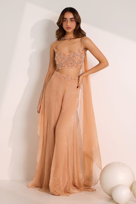 SILKY BINDRA Rose Gold Shimmer Chiffon Embellished Crystal Rumi Waist Palazzo Blouse Set 