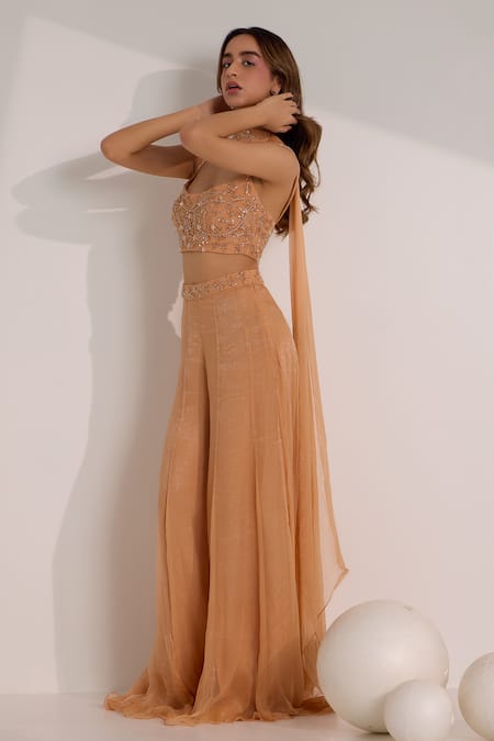 Buy_Silky Bindra_Rose Gold Organza, Chiffon Beads, Rumi Embellished Waist Palazzo Blouse Set _Online_at_Aza_Fashions