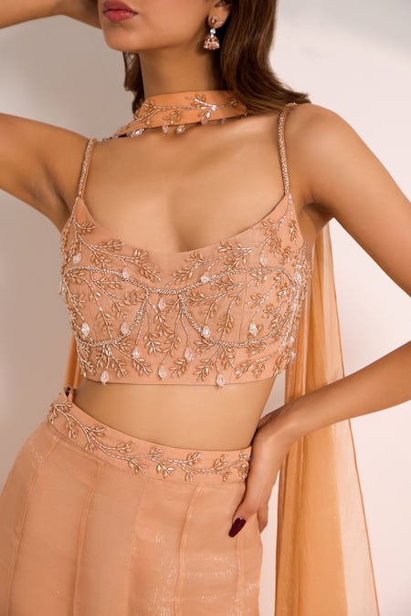 Shop_Silky Bindra_Rose Gold Organza, Chiffon Beads, Rumi Embellished Waist Palazzo Blouse Set _Online_at_Aza_Fashions