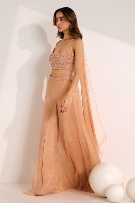 Silky Bindra_Rose Gold Organza, Chiffon Beads, Rumi Embellished Waist Palazzo Blouse Set _at_Aza_Fashions