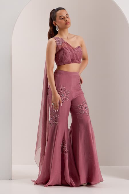 Silky Bindra Yuki Crystal Embellished Draped Blouse With Flared Pant 