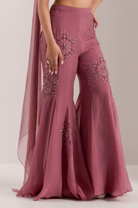 Buy Silky Bindra Purple Organza, Chiffon Yuki Embellished Draped Blouse With Flared Pant Online at Aza Fashions Buy_Silky Bindra_Purple Organza, Chiffon Yuki Embellished Draped Blouse With Flared Pant _Online_at_Aza_Fashions