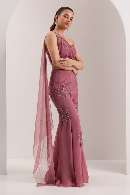 Shop Silky Bindra Purple Organza, Chiffon Yuki Embellished Draped Blouse With Flared Pant Online at Aza Fashions Shop_Silky Bindra_Purple Organza, Chiffon Yuki Embellished Draped Blouse With Flared Pant _Online_at_Aza_Fashions