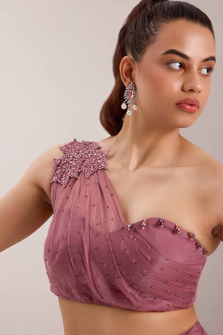 Silky Bindra Purple Organza, Chiffon Yuki Embellished Draped Blouse With Flared Pant at Aza Fashions Silky Bindra_Purple Organza, Chiffon Yuki Embellished Draped Blouse With Flared Pant _at_Aza_Fashions