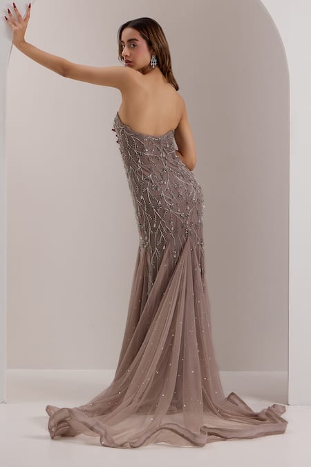 Silky Bindra Grey Lycra Crystals, Beads Sweetheart Zielle Embellished Mermaid Trail Gown Online at Aza Fashions Silky Bindra_Grey Lycra Crystals, Beads Sweetheart Zielle Embellished Mermaid Trail Gown _Online_at_Aza_Fashions