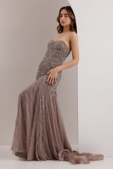 Buy Silky Bindra Grey Lycra Crystals, Beads Sweetheart Zielle Embellished Mermaid Trail Gown Online at Aza Fashions Buy_Silky Bindra_Grey Lycra Crystals, Beads Sweetheart Zielle Embellished Mermaid Trail Gown _Online_at_Aza_Fashions