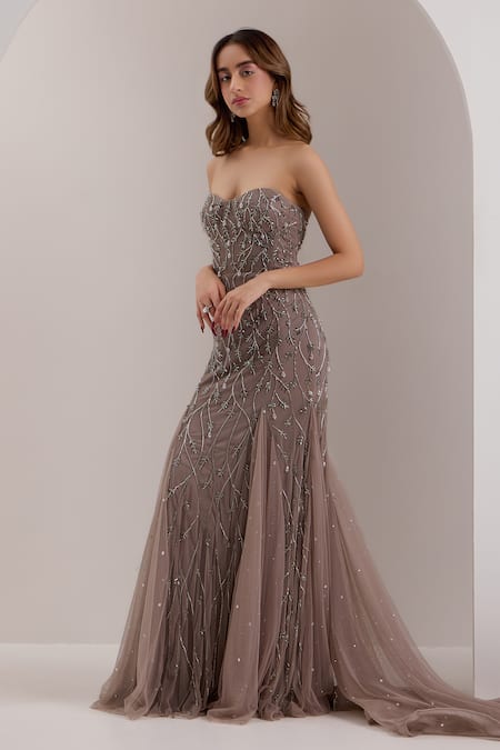 Shop Silky Bindra Grey Lycra Crystals, Beads Sweetheart Zielle Embellished Mermaid Trail Gown Online at Aza Fashions Shop_Silky Bindra_Grey Lycra Crystals, Beads Sweetheart Zielle Embellished Mermaid Trail Gown _Online_at_Aza_Fashions