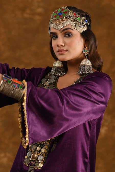 Shop_Ekavira_Purple Silk Tassels, Patchwork Shaira Coin Embellished Kurta With Wrap Palazzo _at_Aza_Fashions