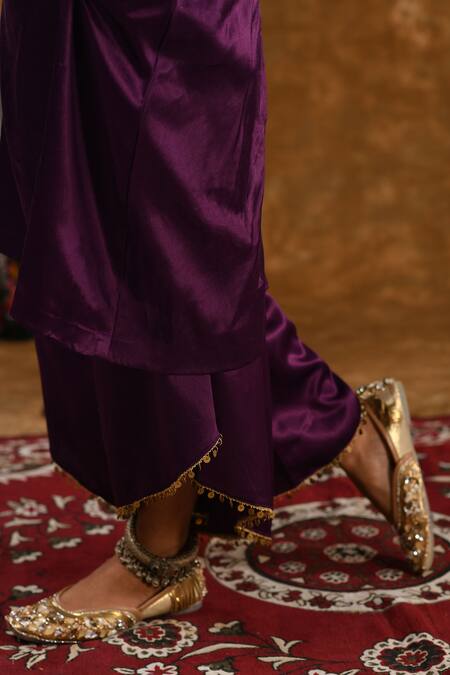 Ekavira_Purple Silk Tassels, Patchwork Shaira Coin Embellished Kurta With Wrap Palazzo _Online_at_Aza_Fashions