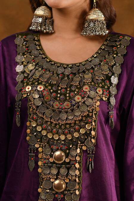 Buy_Ekavira_Purple Silk Tassels, Patchwork Shaira Coin Embellished Kurta With Wrap Palazzo _Online_at_Aza_Fashions
