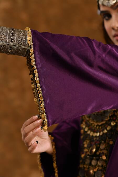 Shop_Ekavira_Purple Silk Tassels, Patchwork Shaira Coin Embellished Kurta With Wrap Palazzo _Online_at_Aza_Fashions