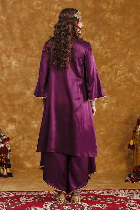 Shop_Ekavira_Purple Silk Tassels, Shaira Metallic Embellished Kurta With Wrap Palazzo _at_Aza_Fashions