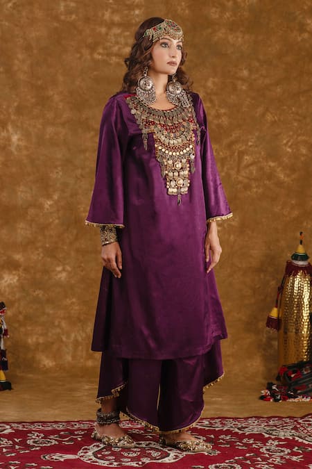 Ekavira_Purple Silk Tassels, Shaira Metallic Embellished Kurta With Wrap Palazzo _Online_at_Aza_Fashions