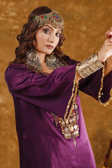 Buy_Ekavira_Purple Silk Tassels, Shaira Metallic Embellished Kurta With Wrap Palazzo _Online_at_Aza_Fashions