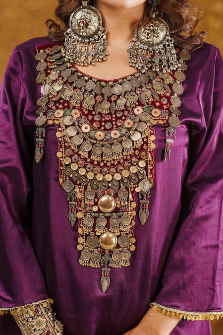 Shop_Ekavira_Purple Silk Tassels, Shaira Metallic Embellished Kurta With Wrap Palazzo _Online_at_Aza_Fashions