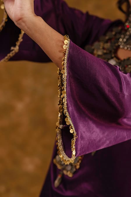 Ekavira_Purple Silk Tassels, Shaira Metallic Embellished Kurta With Wrap Palazzo _at_Aza_Fashions
