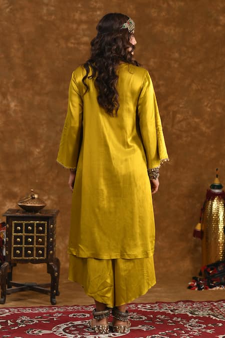 Shop_Ekavira_Yellow Silk Tassels Round Neck Shaira Charm Embellished Kurta With Wrap Palazzo _at_Aza_Fashions