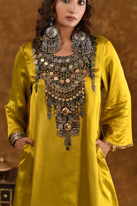 Ekavira_Yellow Silk Tassels Round Neck Shaira Charm Embellished Kurta With Wrap Palazzo _Online_at_Aza_Fashions
