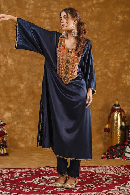 Shop_Ekavira_Blue Silk Sequins, Tassels, Zahra Coin Embellished Phiran With Cigarette Pant _at_Aza_Fashions